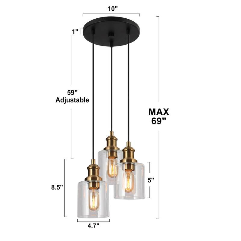 Modern 3 Light Cluster Pendant Light Black Gold with Clear Glass Shades - Gold&Black - Dia. 11.4"x H 8.5"