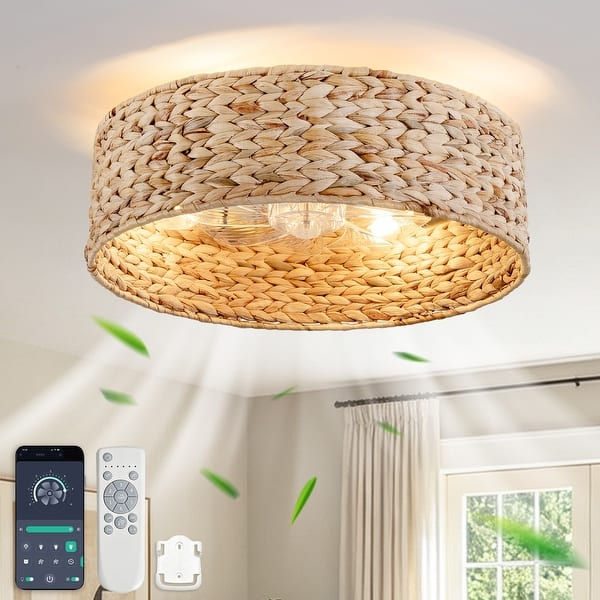 slide 2 of 14, 20 Inch Boho Rattan Flush Mount Ceiling Fan with Lights and Remote Control, 6-Speed Reversible Caged Ceiling Fan for Low Profile 20 Inches