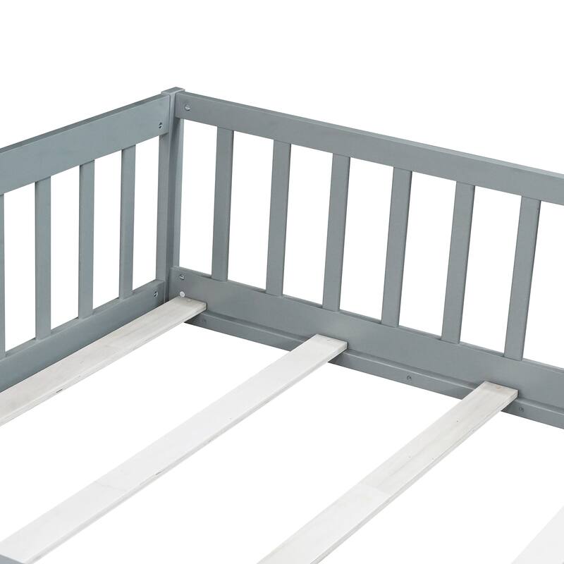Full Size Rubber Wood Floor Panel Bed with Safety Fence and Door