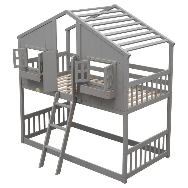 House Bunk Bed with Window, Door, and Safety Guardrails