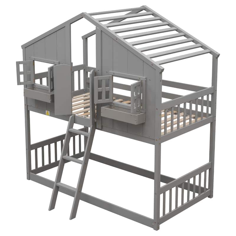 Twin over Twin House Bunk Bed with Roof, with Safety Guardrails and Ladder, Grey