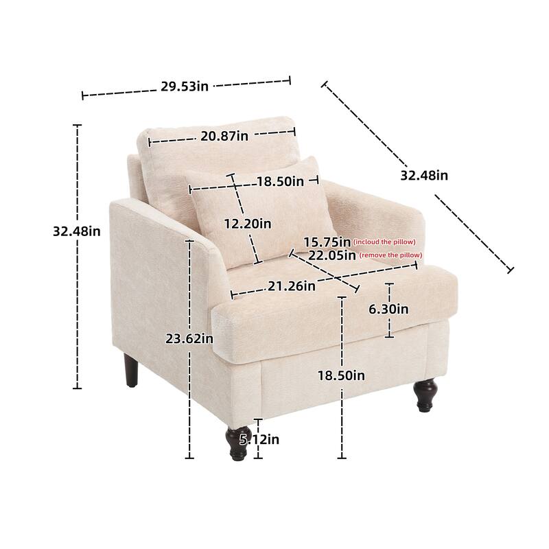 29.53" Chenille Upholstered Arm Chair with Pillows