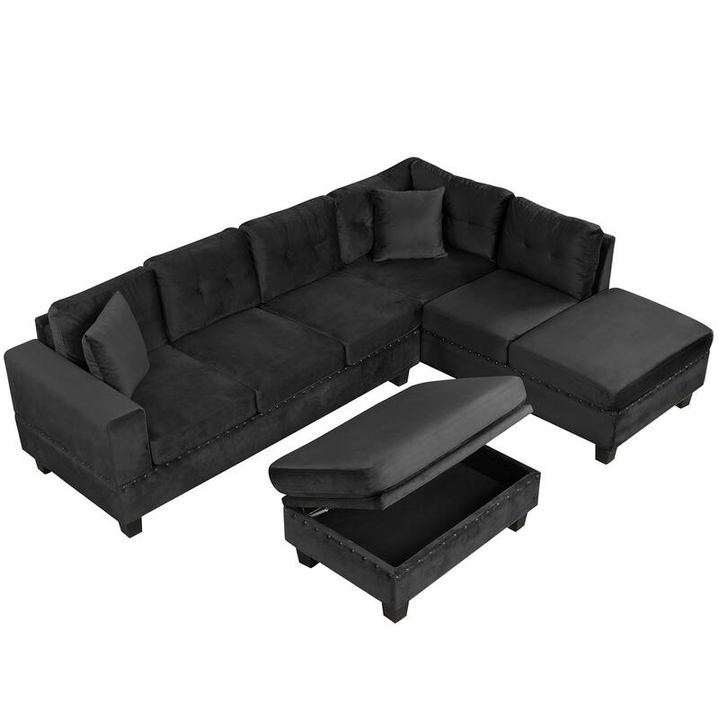 105.1" Velvet L-Shaped Sectional Sofa with Reversible Chaise, Storage Ottoman and Cup Holders