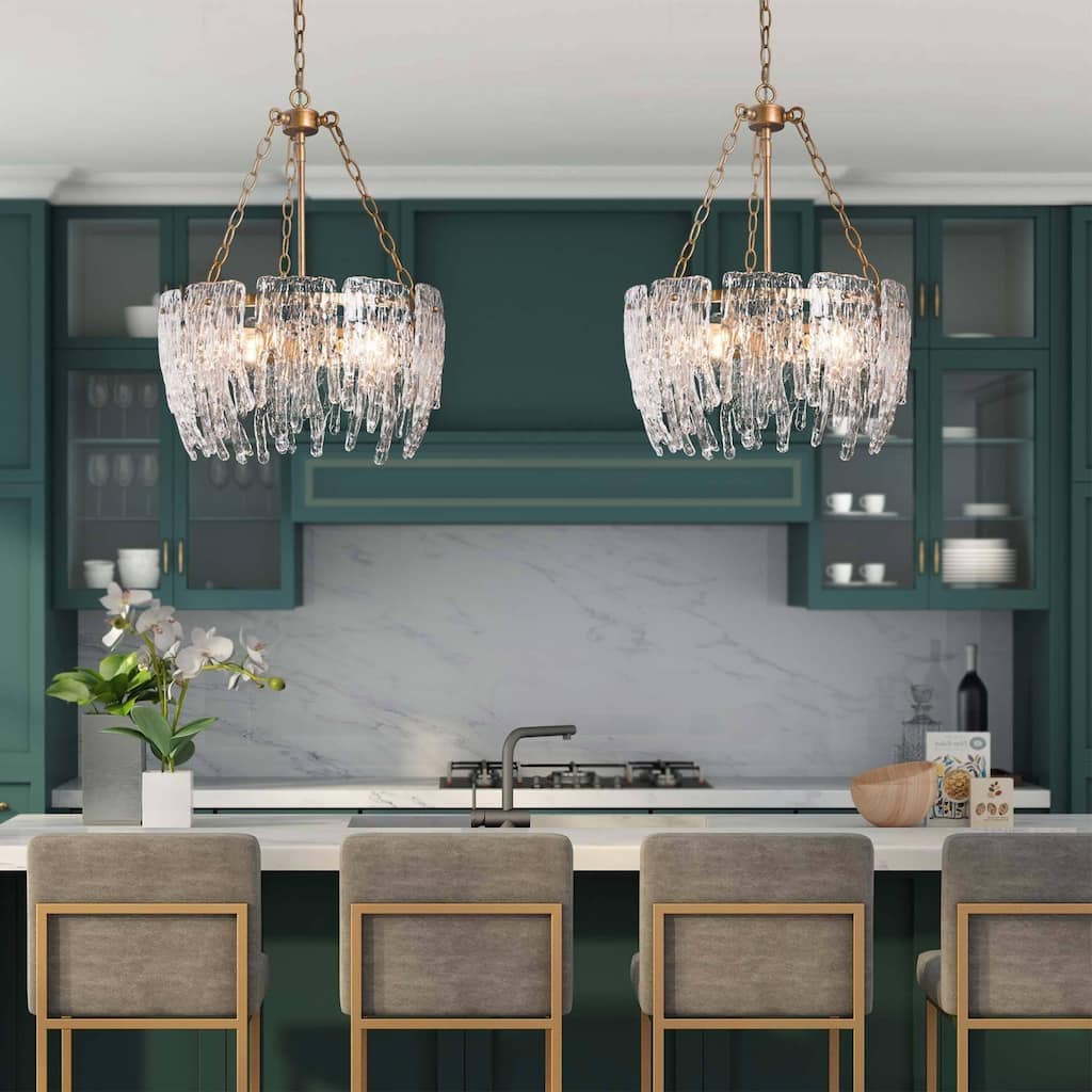 Modern 4-Light Gold Drum Textured Glass Chandelier for Dining Room