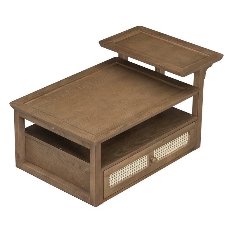 Modern Coffee Table, Coffee Table with 1 Storage Shelf, 2 Tabletops and 1 Rattan Drawer For Living Room