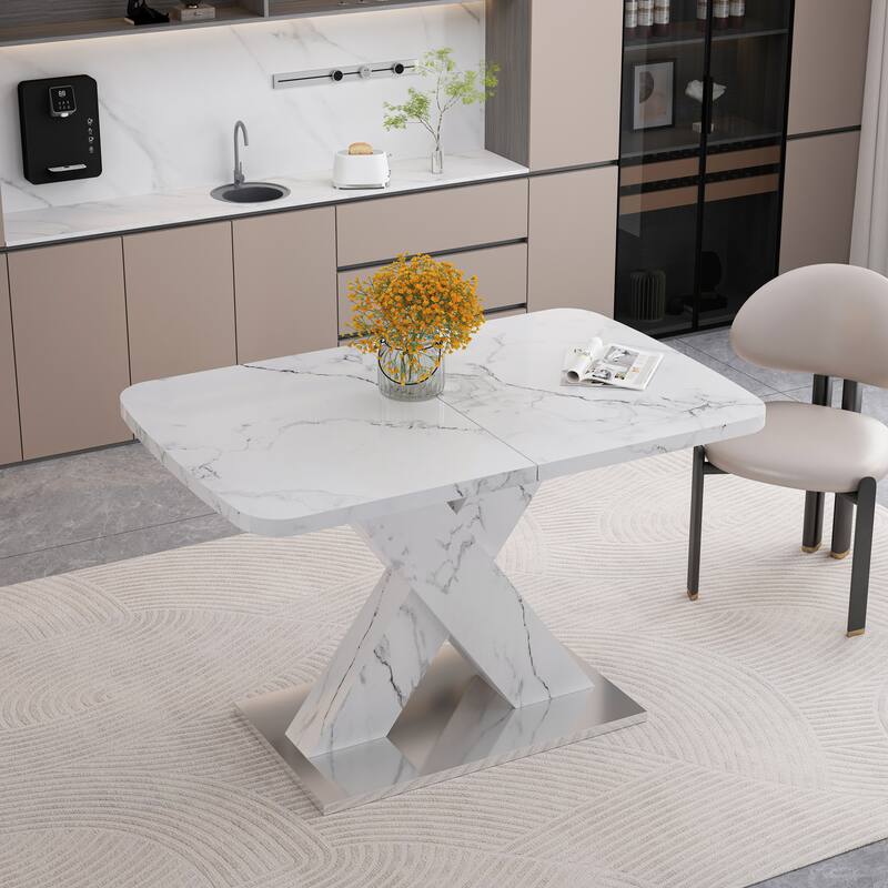 Modern Square Dining Table, Stretchable, with X-Shape Table Leg with Metal Base