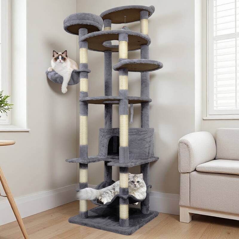 78.8 in Dark Gray Cat Tree Tower with Wide Base, 12 Sisal Scratching Post, Big Hammock,Many landing Perch and Interactive toy
