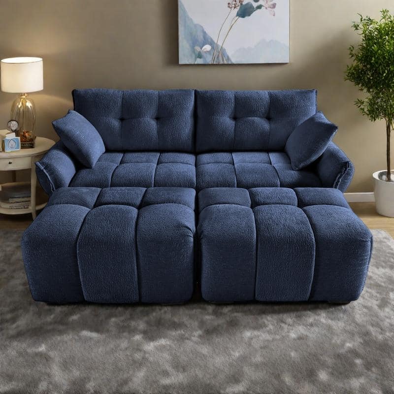 78.7" Chenille 2-Seater Sofa Set with 2 Ottomans and Throw Pillows, Plush Deep Seating Design - Blue