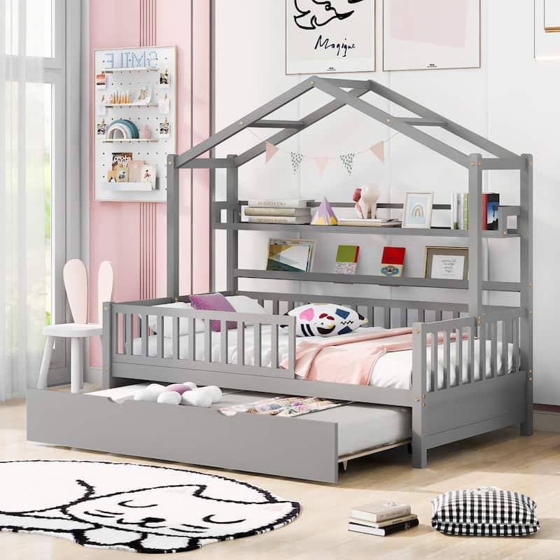 Twin House Bed with Trundle and Storage Shelves, Playful Kids Bed with Roof