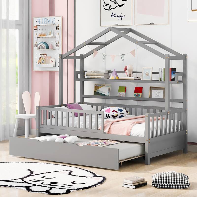 Twin Pine House Bed with Trundle, Shelf & Guardrail