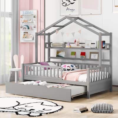 Wooden House Bed with Trundle,Kids Bed with Shelf