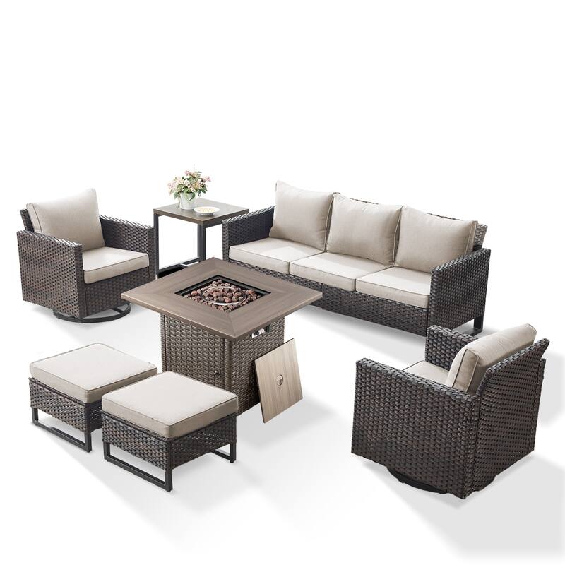 7 Pieces Fire Pit Table with Sofa Swivel Chair Ottoman Set