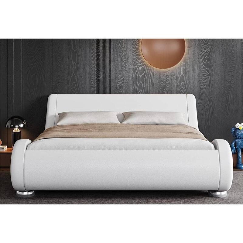Upholstered White Platform Bed Frame with Curved Headboard and PU Leather