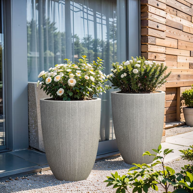 2-Piece Tall Tapered Round Plastic Planters Set, Mediterranean Style - Mediterranean Grey
