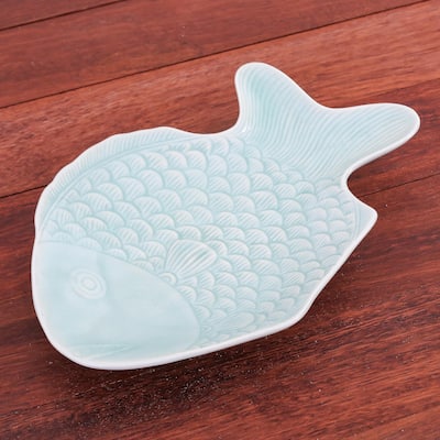Novica Handmade Mae Ping Fish In Aqua Celadon Ceramic Serving Plate