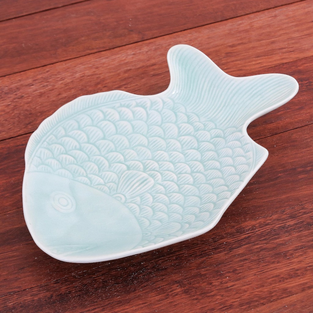 Novica Handmade Mae Ping Fish In Aqua Celadon Ceramic Serving Plate