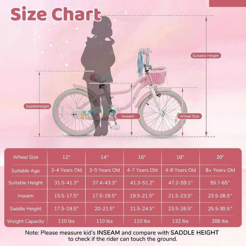 Gymax 20'' Girls Bike w/Removable Basket Streamers Hand Brake &