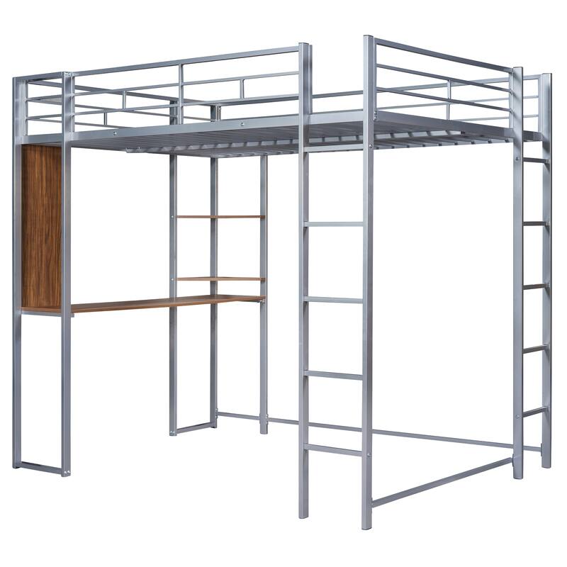 Full Size Metal Loft Bed with 2 Shelves and Desk, Silver