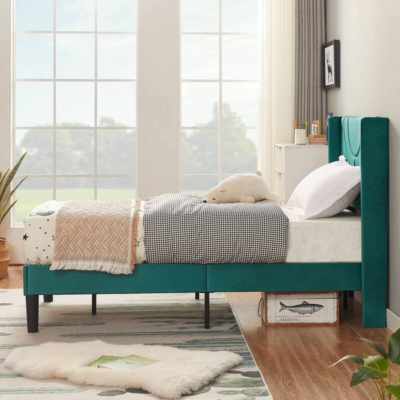 Kids Bed Frame, Height Adjustable Upholstered Bed, Twin Size Bed Set of 2