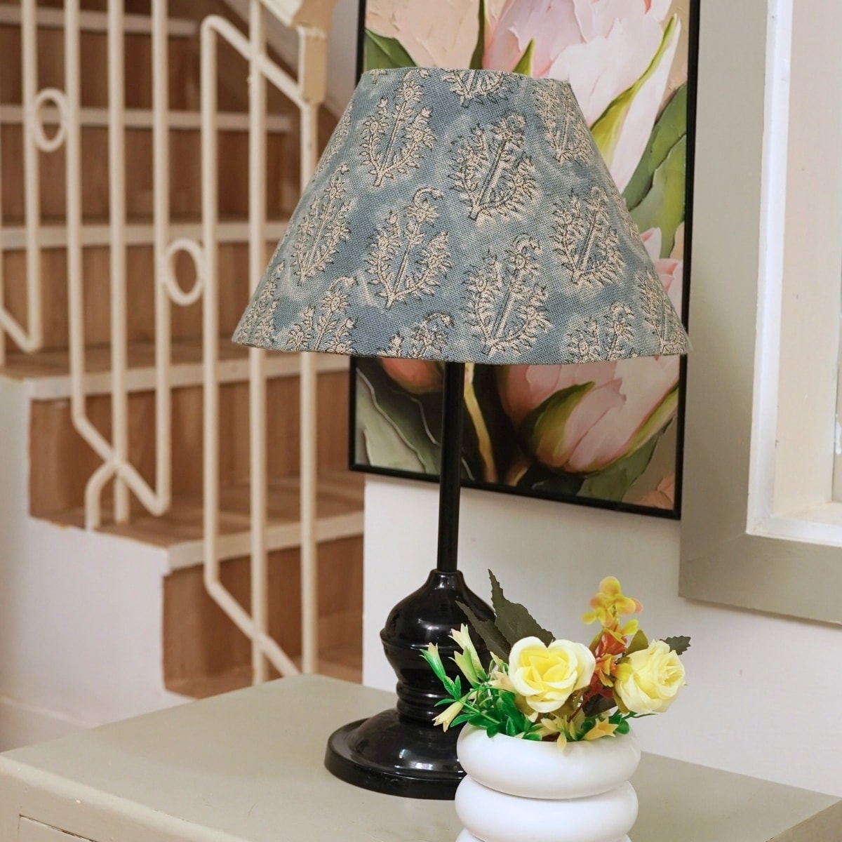 Fabdivine Neel Gagan Handmade Thick Linen Decorative Floral Block Print Lampshade - Indian Table Lamp for Living Room Décor