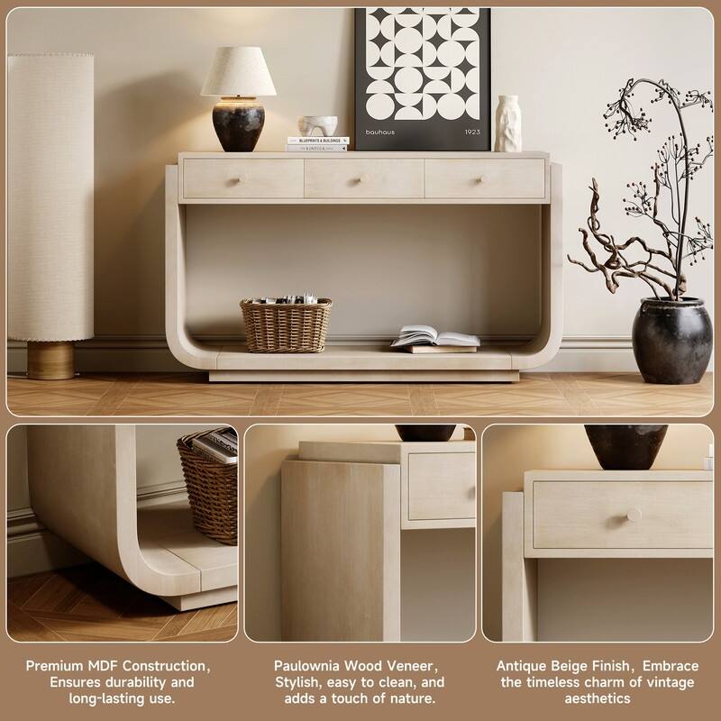 Mid-Century Modern Console Table with 3 Storage Drawers and Display Shelf for Entryway or Living Room Use