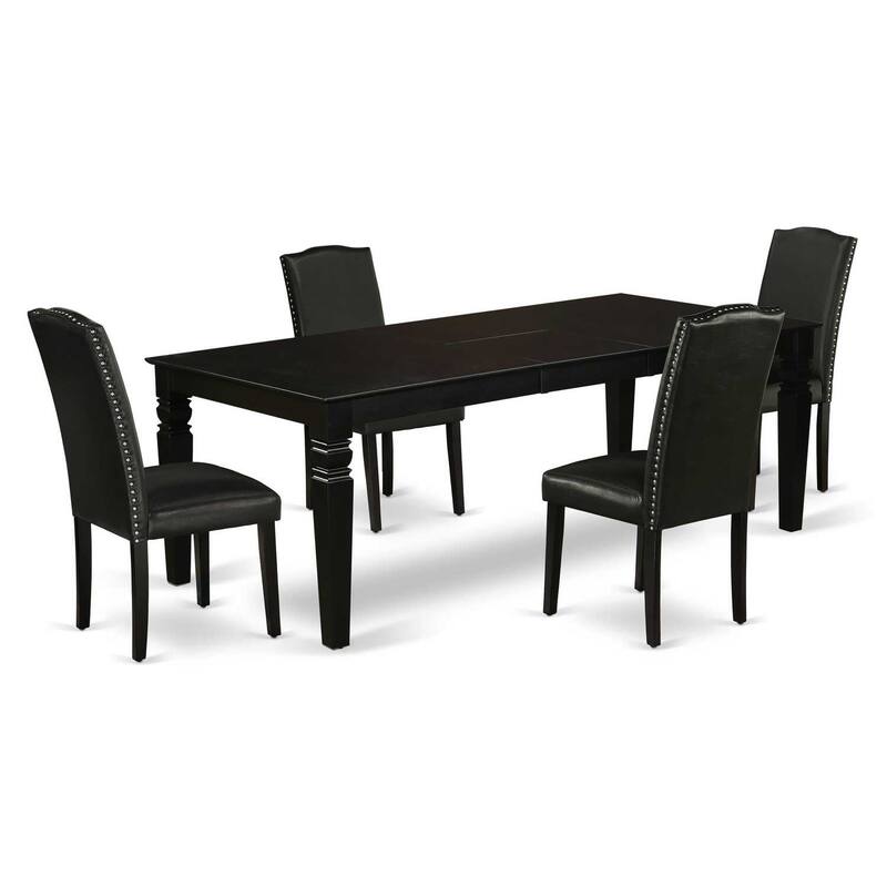 Rectangular Dining Set 5Pc Table W/Leaf & 4 Parsons Chairs - Black PU Leather Finish