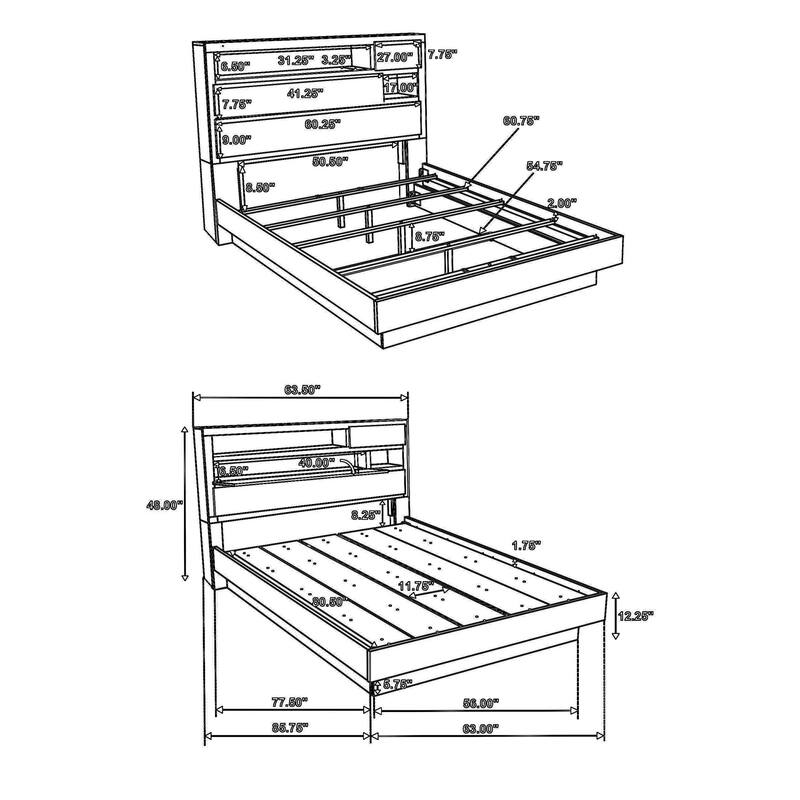 Fene Queen Size Bed, Bookcase Headboard, Wood Gray, Hidden Storage