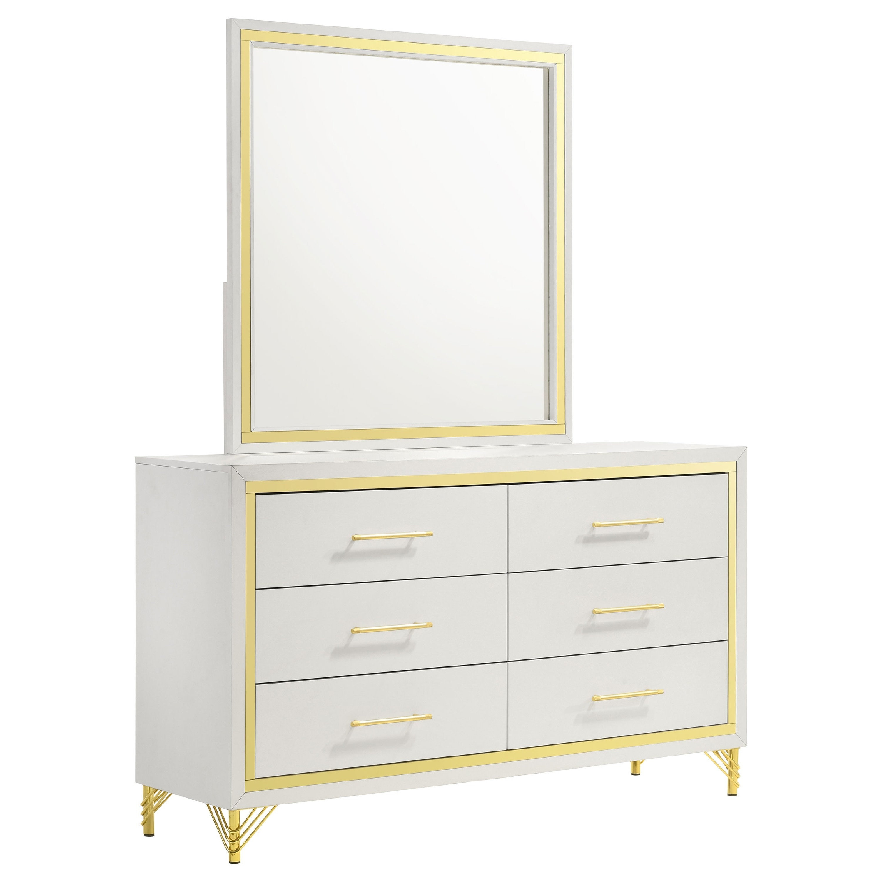 Jenny Wide Dresser with Mirror, Retro Modern Gold Legs, White