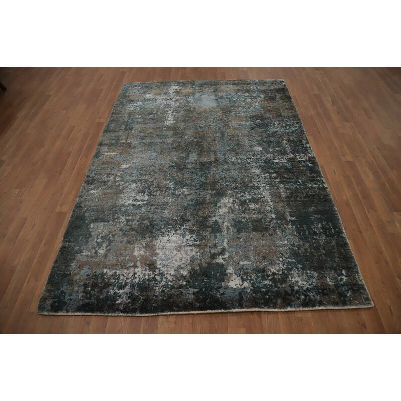 Hand Knotted Oriental Viscose Silk Carpet Modern All-Over Greys & Charcoal Abstract Area Rug - 7' 10'' X 5' 6''