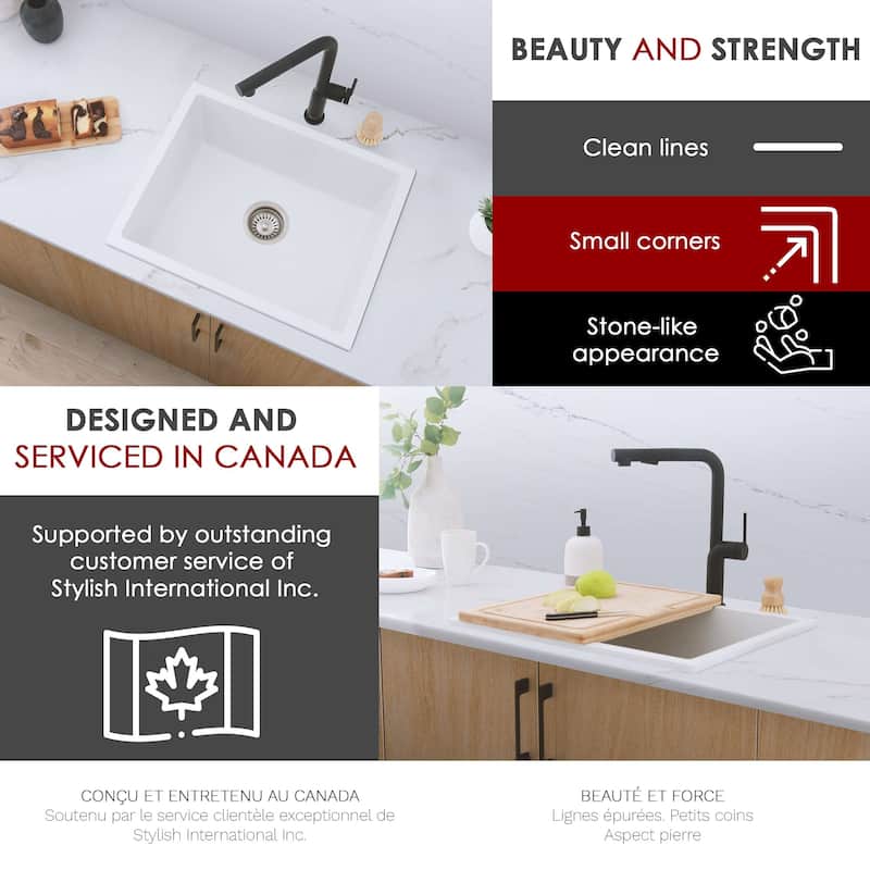 STYLISH Dual Mount 22" Single Bowl Composite Granite Kitchen Sink - 22" x 17.5" x 8.25"