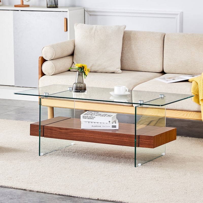 Roomfitters 43.3" Two-Tier Glass Coffee Table with Light Wood Shelf, Side Table or Display Stand