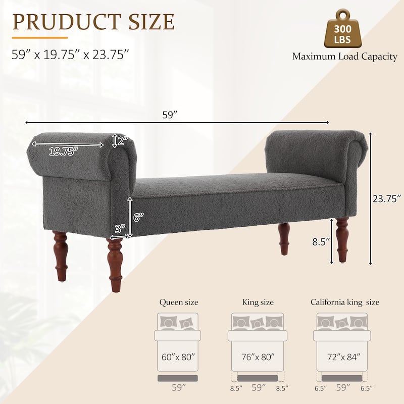Christopher Knight Home - Elric Teddy Upholstered Bench with Rolled Arms and Solid Wood Legs