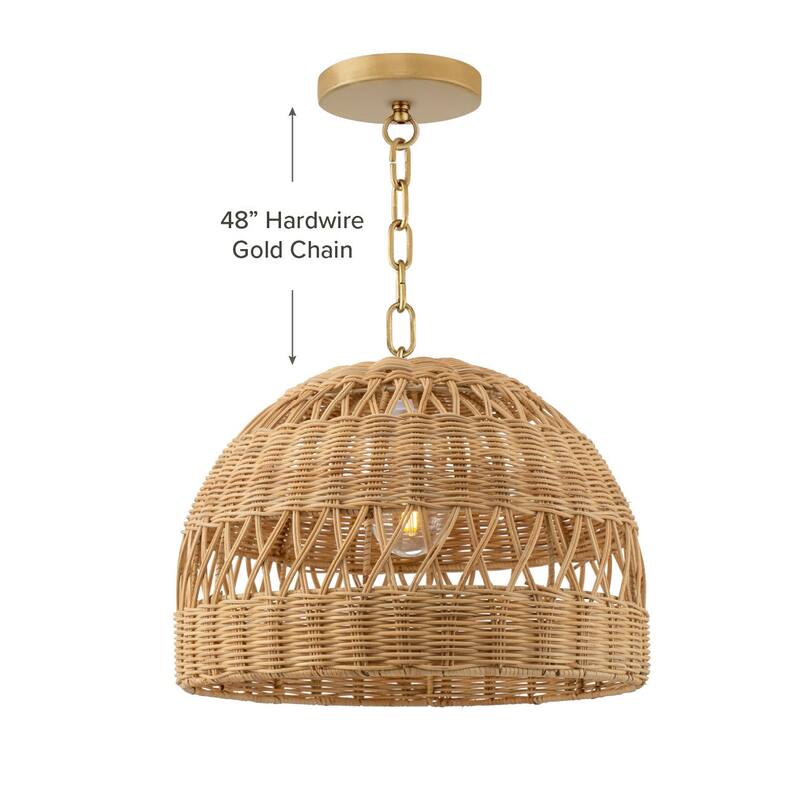 Radiant Rattan Pendant Light - Natural Dome 1-Light Handwoven Light Fixture For Modern, Transitional, Farmhouse Room Decor - 18'' - 48" Gold Chain Hardwire
