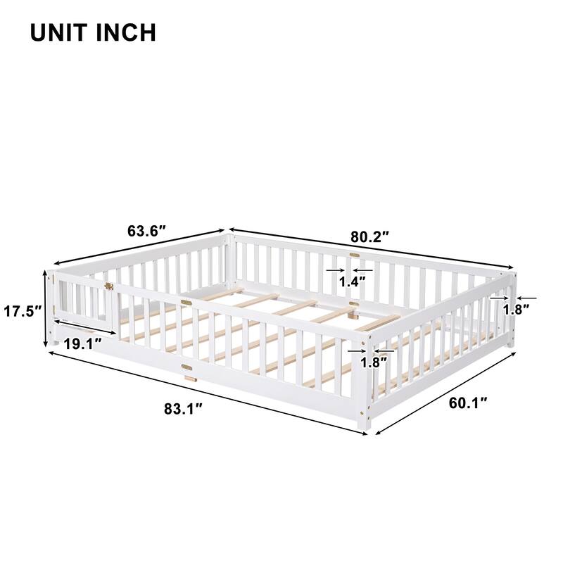 Queen size Floor Platform Bed with Fence Guardrails and Door