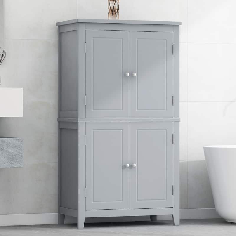 Floor Storage Cabinet, Bathroom Freestanding Cabinet with 4 Doors, Door Racks and Adjustable Shelves - Anti-tipping Device