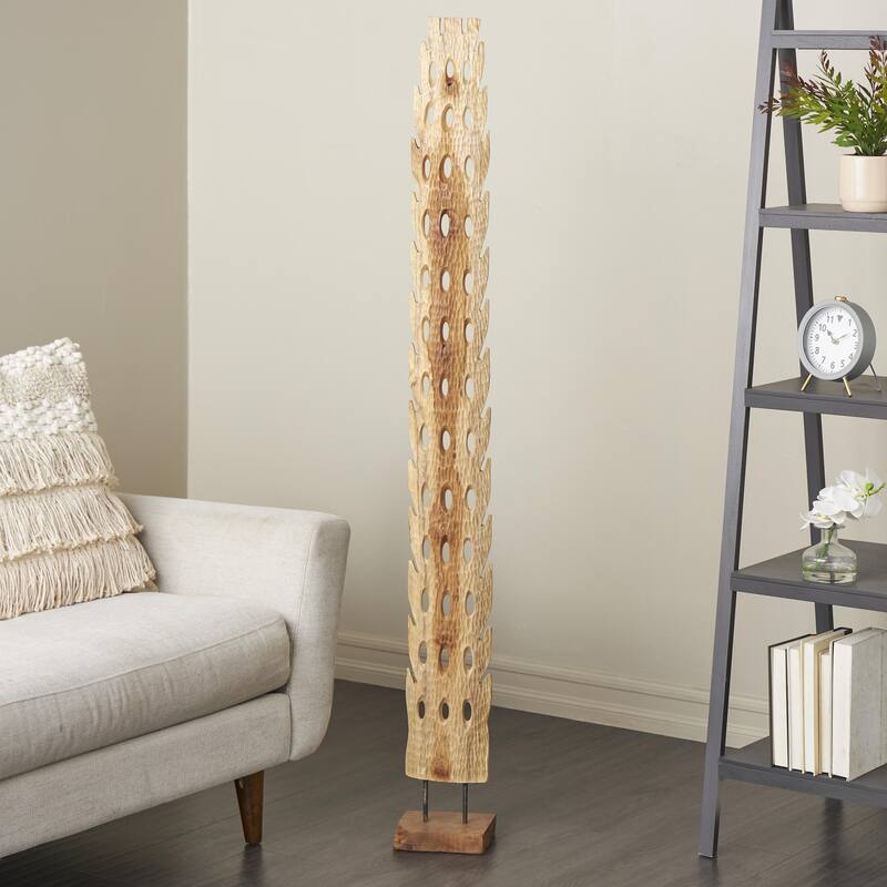 Brown Teak Wood Handmade Tall Floor Cutout Post Abstract Sculpture with Live Edge Base - Brown - 8"W, 60"H