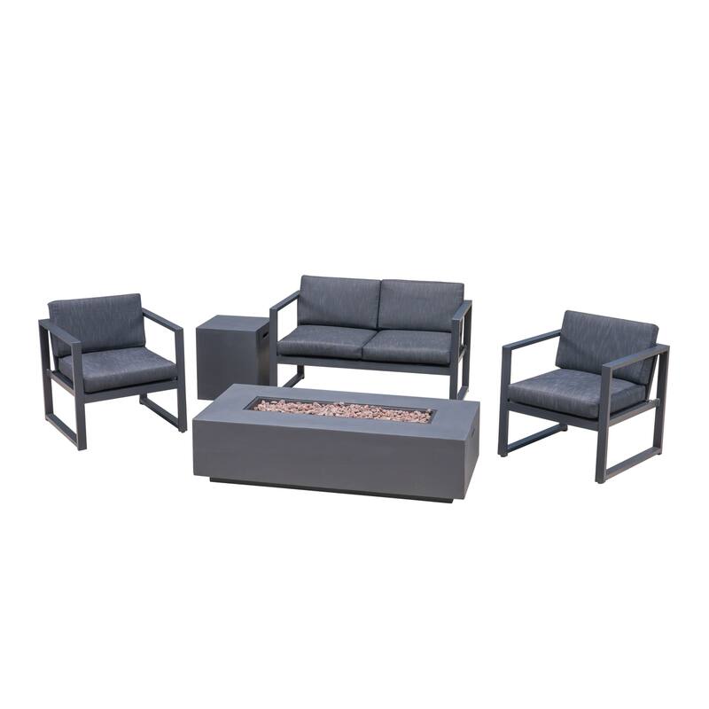 Navan Outdoor 4-Seater Aluminum Chat Set with Fire Pit and Tank Holder by Christopher Knight Home