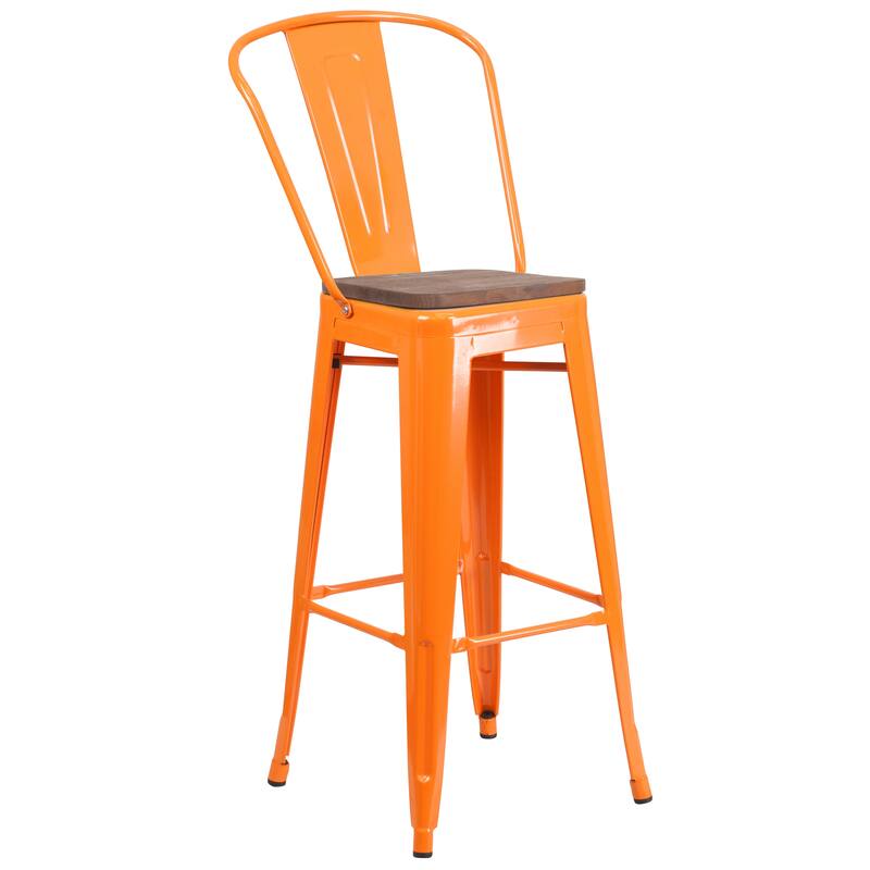 30" High Metal Barstool with Back and Wood Seat - 17.75"W x 20"D x 45.25"H