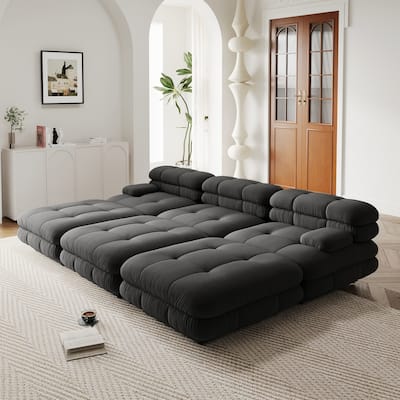Teddy Velvet Fabric Upholstery Modular Sectional Cofy Sleep Couch 3 Seats with 3 Ottomans