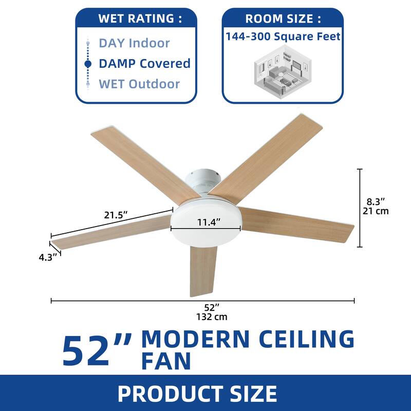 Moasis 52" Flush Mount 5 Blades Ceiling Fans with Light and Remote Control
