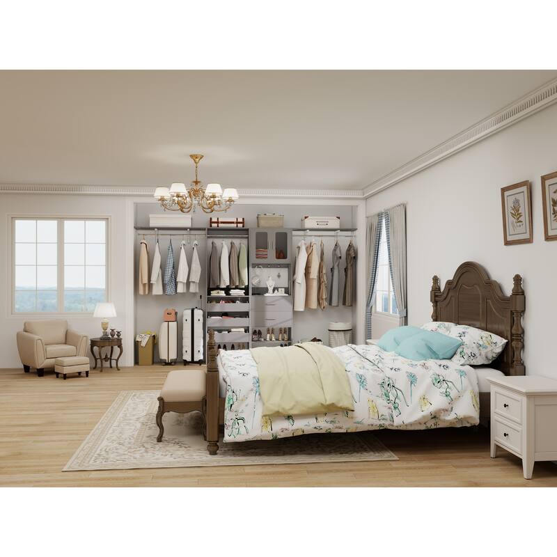 80"-120" Closet System With Door and Wooden Drawers, Closet Organizer System with 3 Haning Rods and Storage Shelves