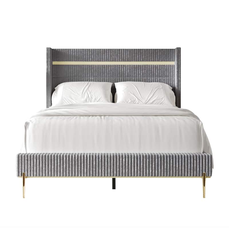 CraftPorch Luxurious Gold PU Strip Wingback Velvet Upholstered Bed