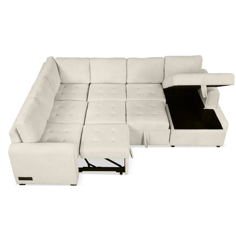 Beige 107.5" U-Shaped 5 Seater Sectional Sofa with Pull-Out Bed, Storage Chaise Lounge, USB Ports, and Power Sockets