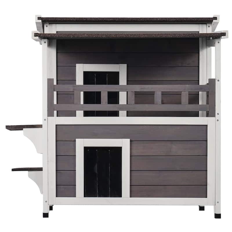 Grey Wooden Outdoor Double Layer Cat House with Jumping Platform and Asphalt Roof - 30” x 30” x 32”