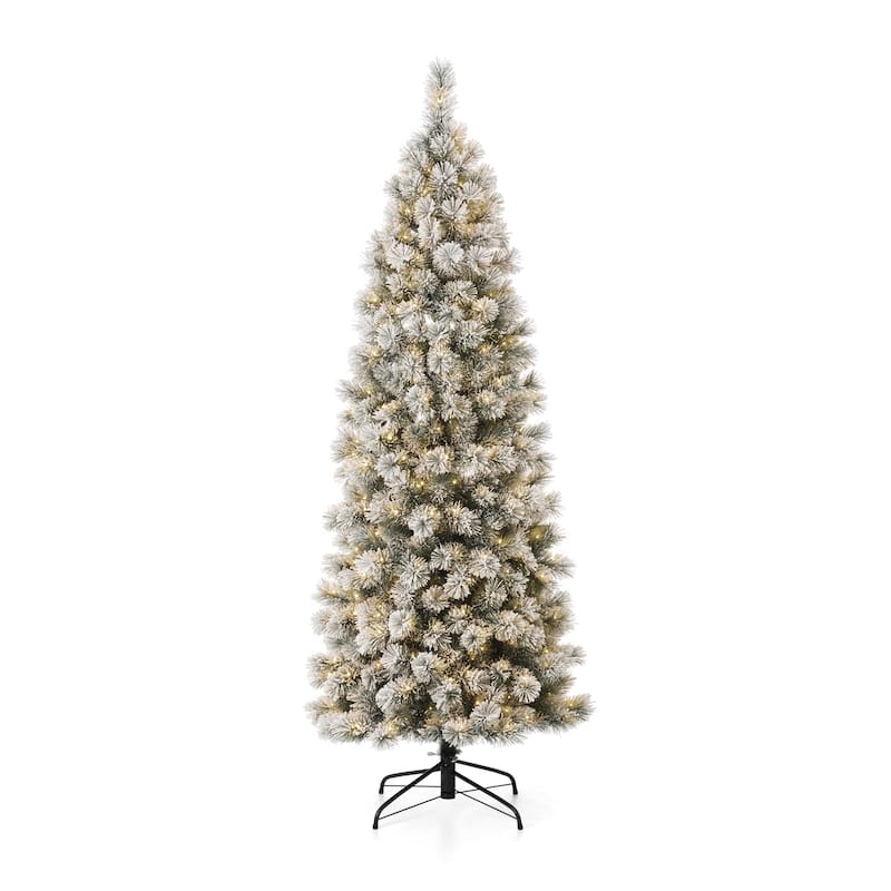 Glitzhome 6FT/7.5FT/9FT Warm White or Multi-Colored Pre-Lit Flocked Pine Artificial Christmas Tree - 7.5ft Pencil Pine with 350LEDs