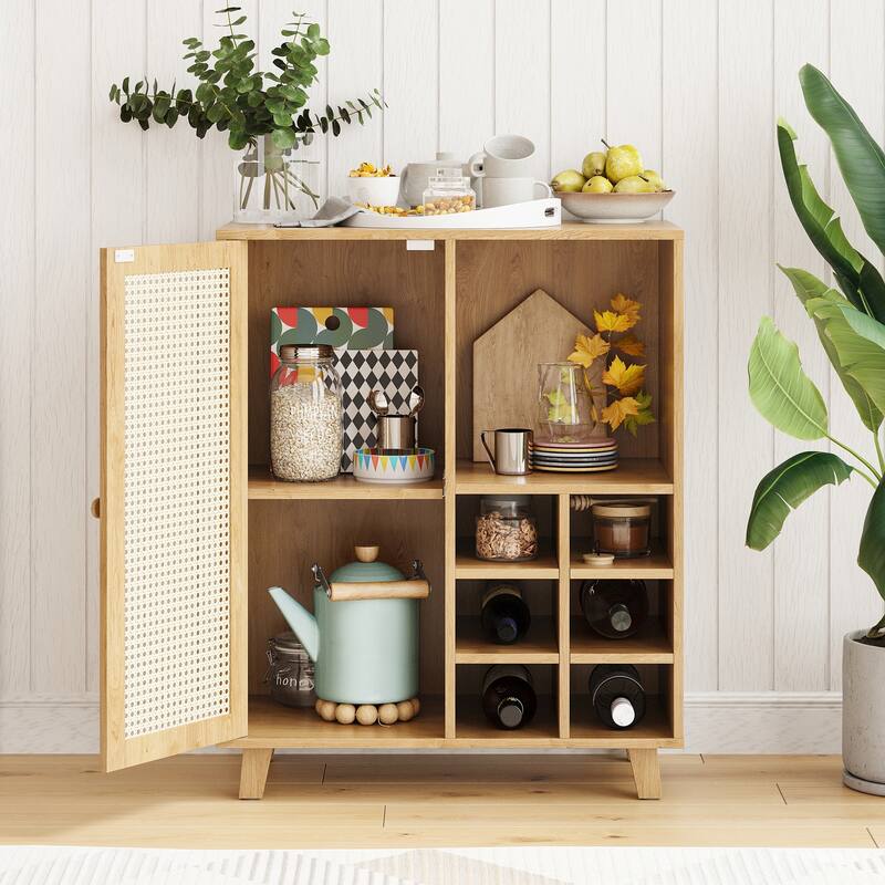 Rossetta 47'' Modern Rattan-Front Door Sideboard Cabinet with Open Shelves and Protective Foot Pads