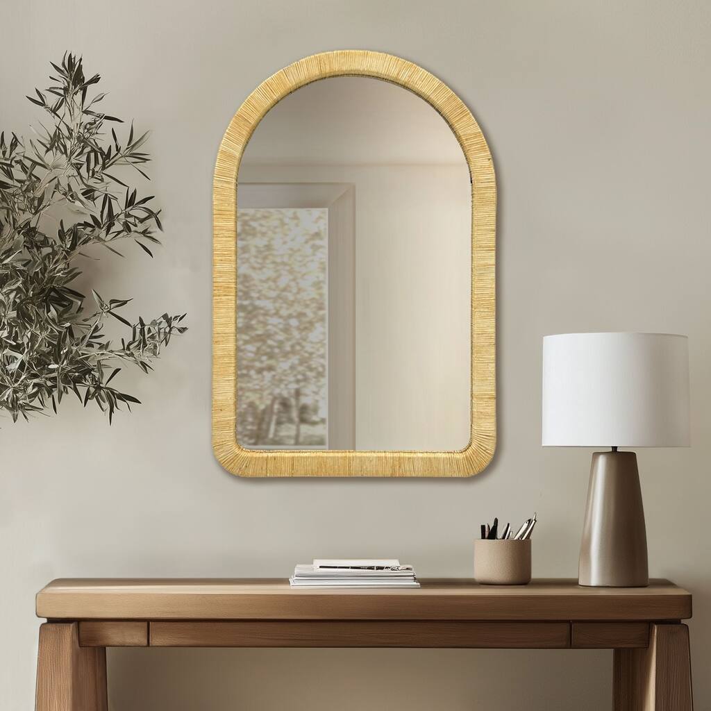 Anmytek Natural Rattan Arched Wall Mirror 26x39 MDF Backing - 39inch Height