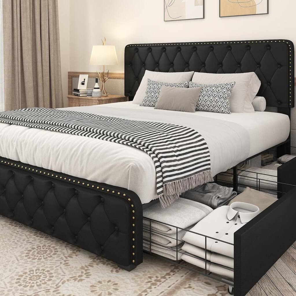 Lifezone Upholstered Queen Bed Frame with Headboard & 4 Storage Drawers
