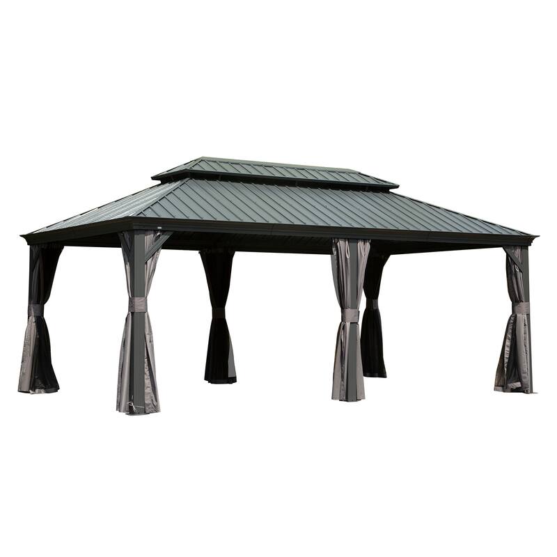 12' X 20' Hardtop Gazebo with Galvanized Steel Roof, Aluminum Frame, Curtains & Netting for Patio, Deck, Garden