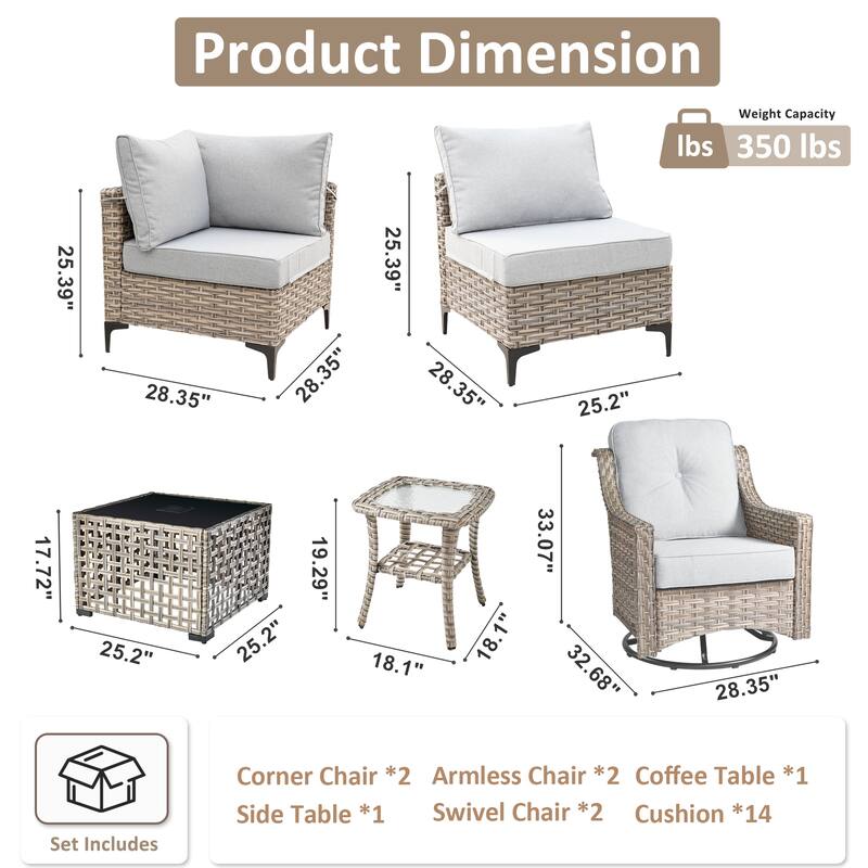 OVIOS 8 Pieces Outdoor Wicker Swivel Chair Set With Solar-Powered Coffee Table